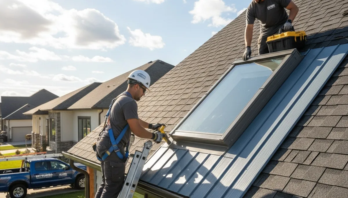 Technician repairing skylight with vinyl siding exterior in Fort Collins, CO home
