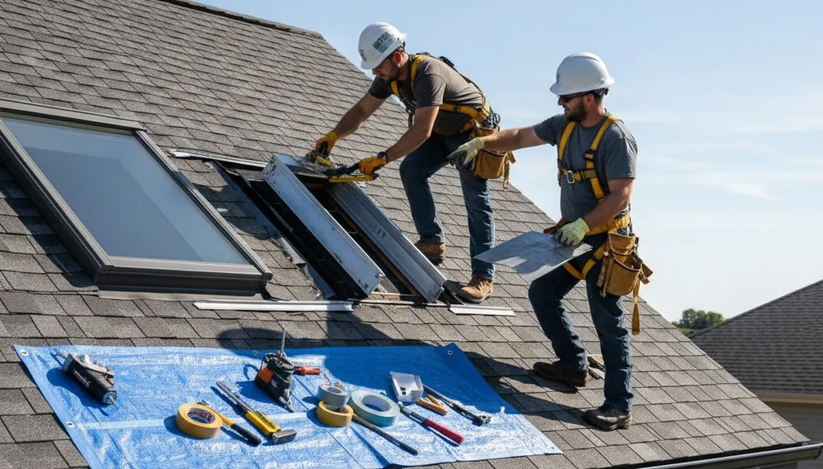 Technician repairing skylight and vinyl siding on Fort Collins CO home exterior