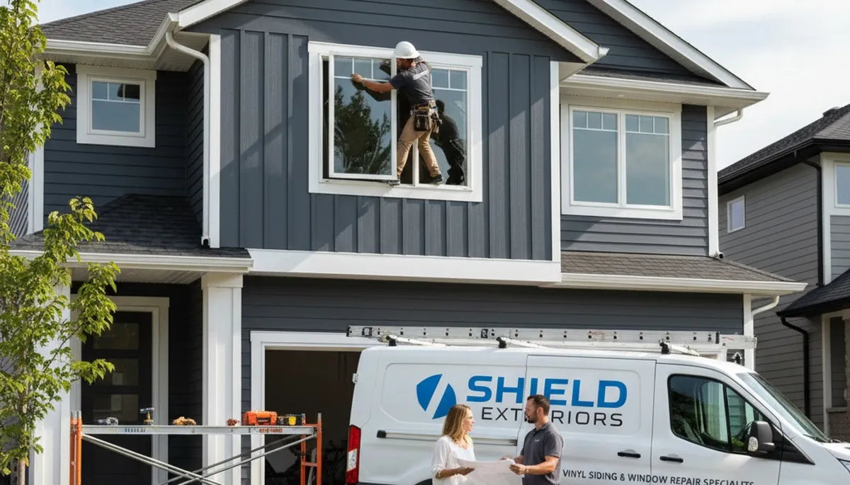 Technician repairing vinyl siding and window frame in Fort Collins, CO home exterior