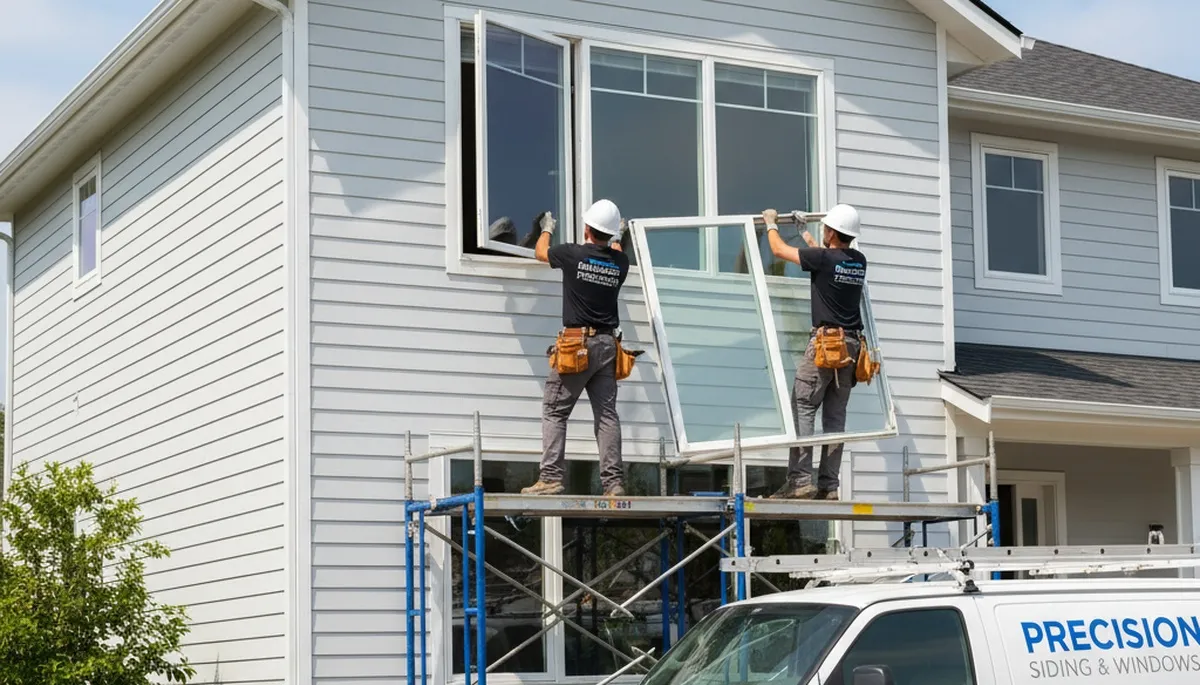 Technician repairing window frame with vinyl siding in Fort Collins CO home exterior